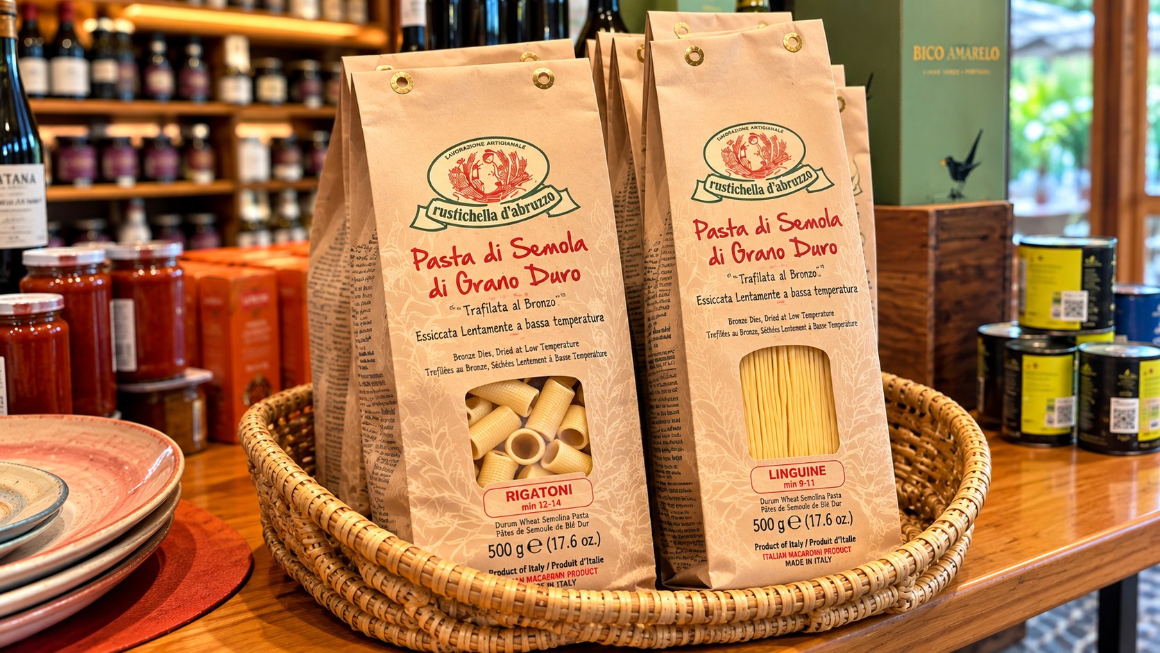 Cesta de vime com pacotes de massas italianas rigatoni e linguine no empório, com vinhos e conservas ao fundo