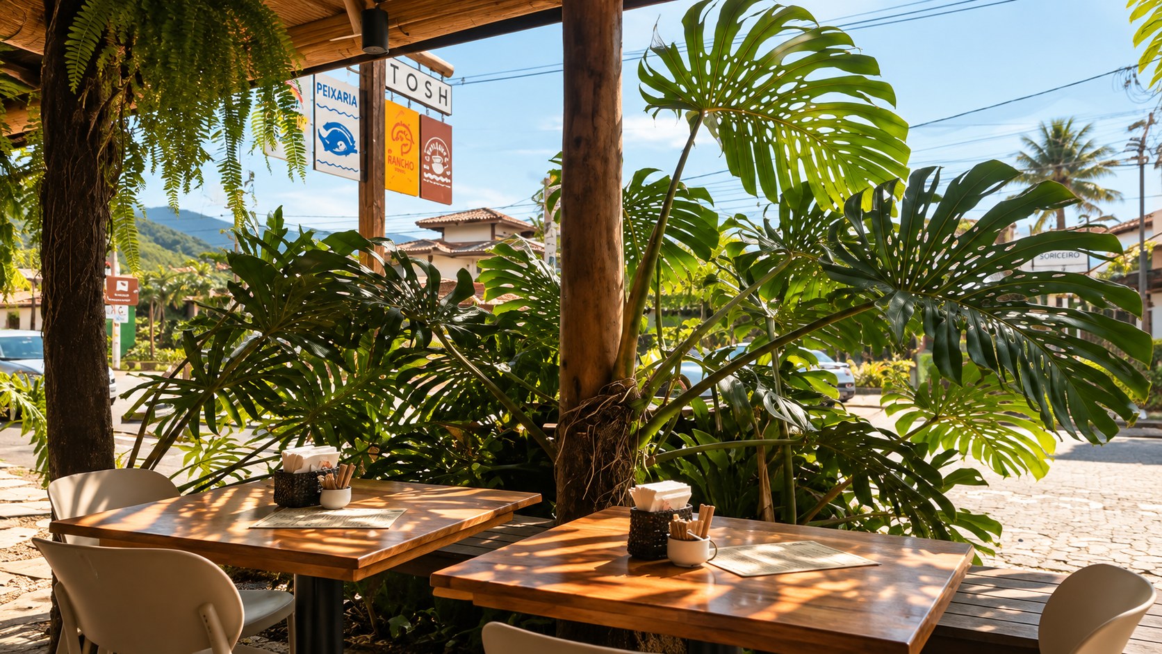 Mesas de madeira na varanda da Cantinetta, entre costelas-de-adão, com vista para a rua e as montanhas