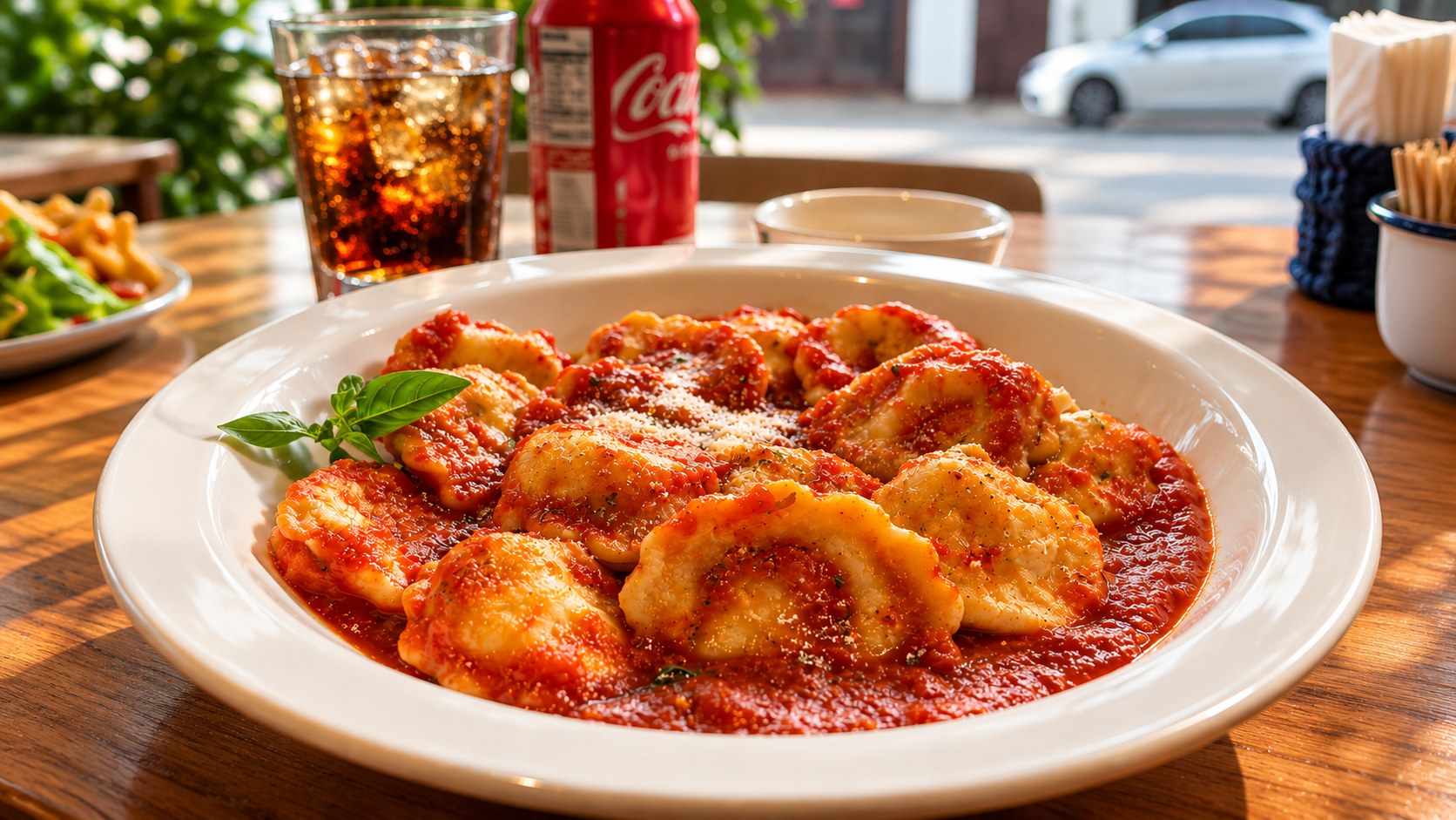 Prato de ravioli ao molho de tomate com queijo ralado e folha de manjericão