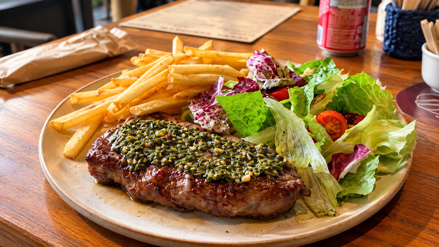 Bife grelhado coberto de chimichurri, com batatas fritas e salada de folhas